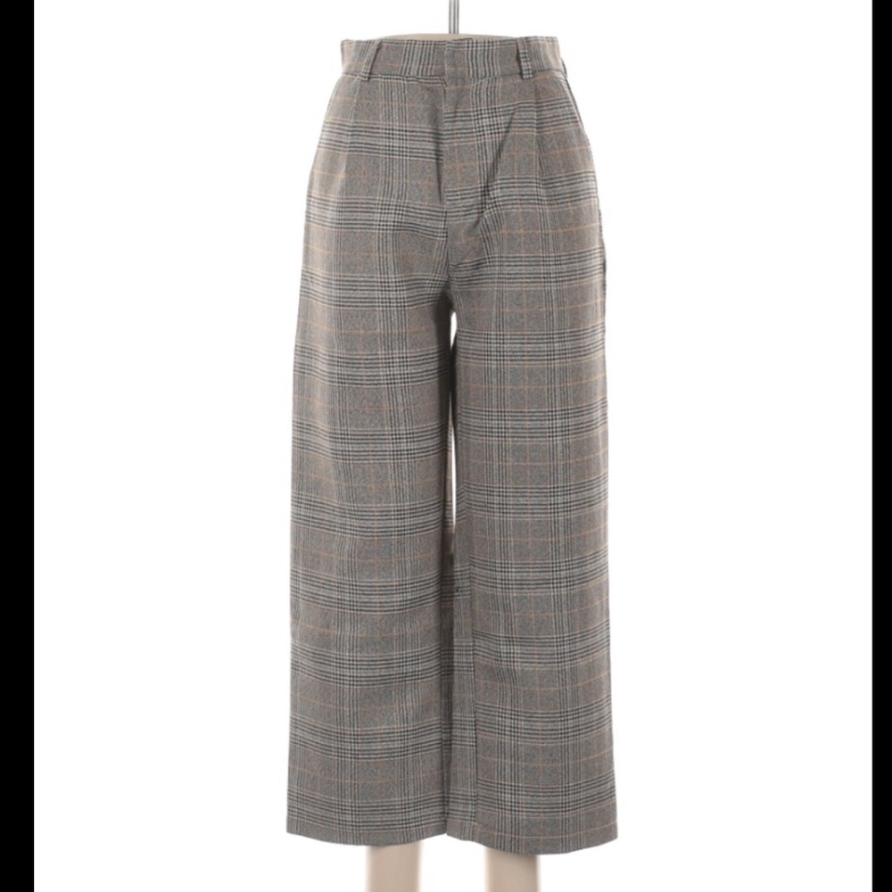 Grey plaid cropped wide-leg trousers